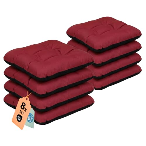 SuperKissen24. Set de 8 Cojines de Asiento - Cojín de Silla 45x45 cm para Interior y Exterior Cómodo e Impermeable para Muebles de Jardin, Terraza, para Suelo - Rojo Oscuro