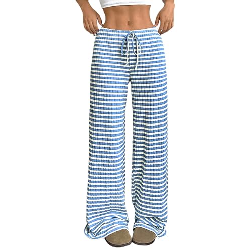 Image of Women's Extra Wide Leg Long Pants Striped Lightweight Drawstring Mid-Rise Pull-On Casual Trousers Soft Lounge Home Office Palazzo Pants for Ladies Blue