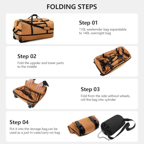 CONTAIL 32-Inch Rolling Duffle Bag, Expandable 110L-140L Capacity, Soft-Sided Foldable Design with Dual Wheels, No Traditional Telescoping Handle, for Travel, Business,Camping,Brown by CONTAIL - Used condition - Image 3