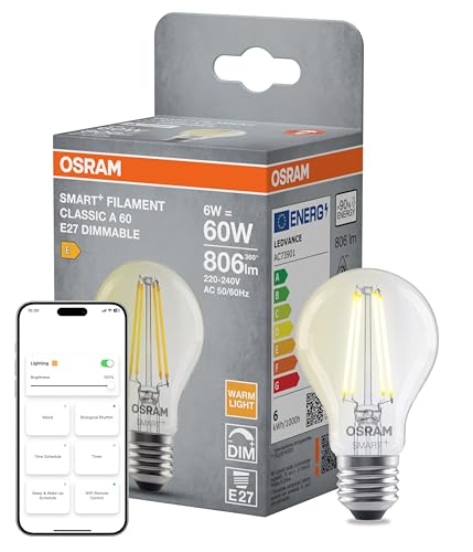 Osram Lampe LED SMART+, A60, 6 W, 2 700 K, E27, en forme d'ampoule, à filament, transparente, à intensité variable, contrôlable avec application ou assistant vocal, compatible Matter