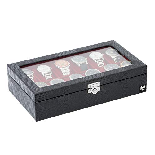 Porta-Relógios Total Luxo Couro Ecológico Preto Vermelho 12 Divisórias (6x2)