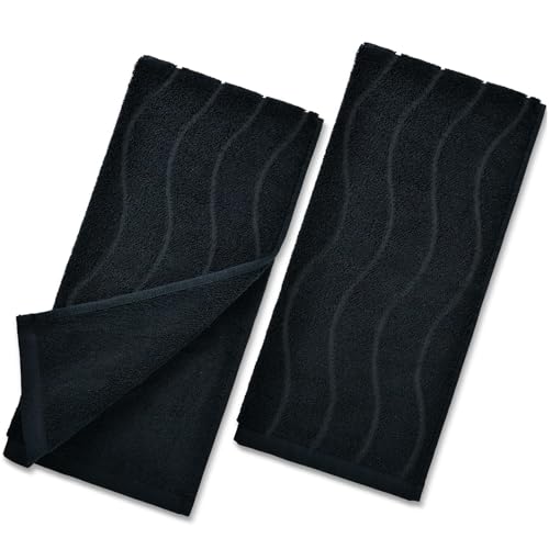 Hand Towels with Wavy Jacquard - Black Face Towels for Bathroom 2 Piece Cotton 13x29 Inches