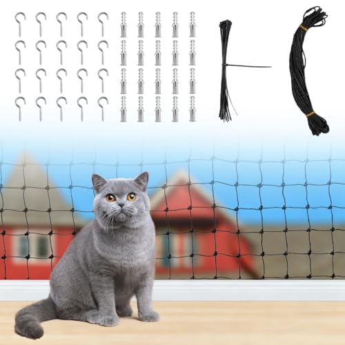 Katzennetz für Balkon Ohne Bohren, 4x4m Schwarz Katzennetz Drahtverstärkt mit Befestigungsseil und Zubehör, Nylon Katzenschutznetz UV-Beständig &...