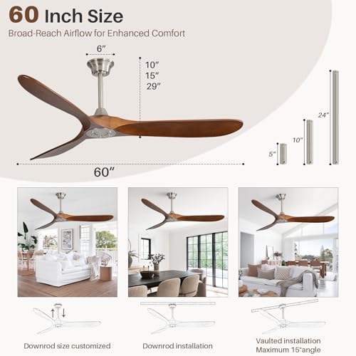 Image of CACI Mall 60 inch Ceiling Fan no Light, Outdoor Ceiling Fans for Patios Without Lights, Remote Control, Solid Wood 3 Blades, Quiet, Indoor Ceiling Fan for Living Room, Patio, Bedroom, Porch, Farmhouse