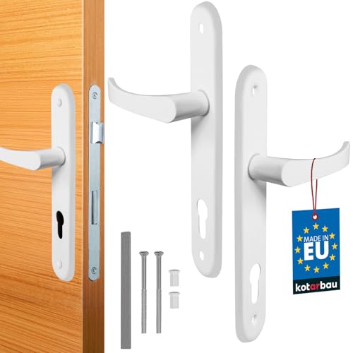 KOTARBAU® Juego de manillas para puerta, Manilla de cilindro de perfil, 90 mm, Manillas de aluminio - blanco, 2 Manetas, Manijas de placa larga, Diseño clásico, Kit de montaje incluido, Picaportes