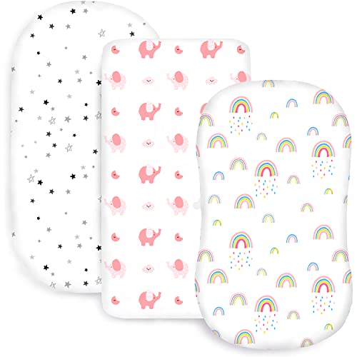 Image of Plushii Bassinet Sheets for Baby Girls 3 Pack, 32"x 16" Extra Soft Microfiber Bassinet Sheet Universal for Oval Rectangle and Hourglass Bassinet Mattress, Rainbow & Pink Elephant & Stars