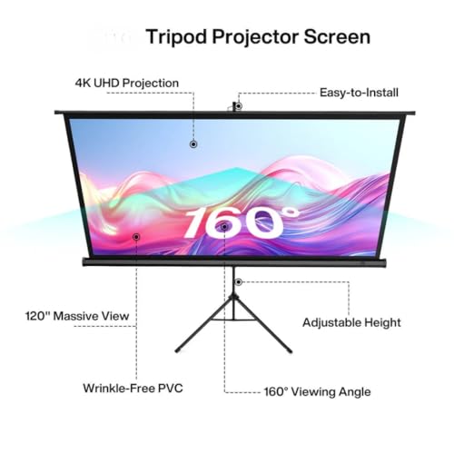 Image of Vision 120 Inch (8x6 Ft) Tripod Projector Screen | Large Portable Foldable Screen | Full HD, 4K, 3D & 1080p Compatible | Adjustable Height, Anti-Glare Matte White Fabric for Home, Office & Outdoor Use