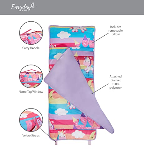Everyday Kids Nap Mat With Removable Pillow - Unicorn Dreams - Carry Handle With Straps Closure, Rollup Design, Soft Microfiber For Preschool, Daycare, Travel Sleeping Bag - Ages 3-6 Years #TOP3