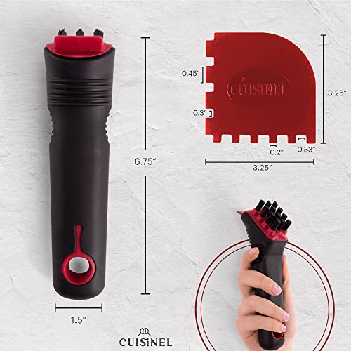 Cuisinel Cast Iron Scrubber Cleaning Brush + Pan/Grill Scraper - Skillet and Grill Cleaner Kit - Soft-Touch Confident-Grip Dish Scrub Tool - Tough on Grease, Gentle on Metal and Non-Stick Cookware