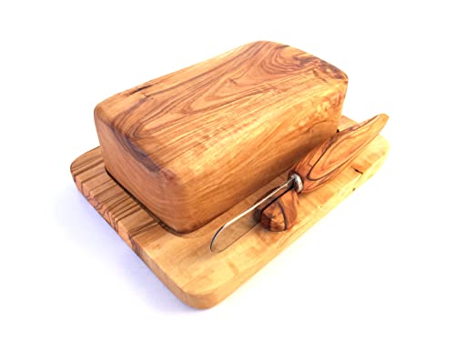 Mantequera con cuchillo de mantequilla en juego de 3, adecuado para un trozo de 100 g de mantequilla de hierbas o mantequilla de ajo, hecho a mano de madera de olivo