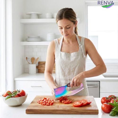 Image of RENVA Premium Carbon Stainless Steel Chef Knife Set with Wooden Handle,Kitchen Knife for Meat,Vegetable,Fruits and More(21x9cm). (Rainbow, Knife)