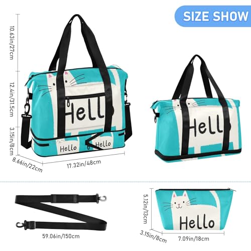 Hello Cartoon Cute White Cat Large Travel Duffel Luggage Gym Bag with Adjustable Strap for Business Trips Multifunctional3