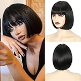 Lanseek Short Black Bob Wig with Bangs 10 Inch Short Synthetic Bob Wigs Bangs for Women Natural Looking for Daily Use (Natural Black)