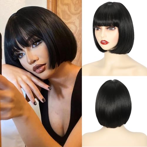 Lanseek Short Bob Wig with Bangs 10 Inch Short Synthetic