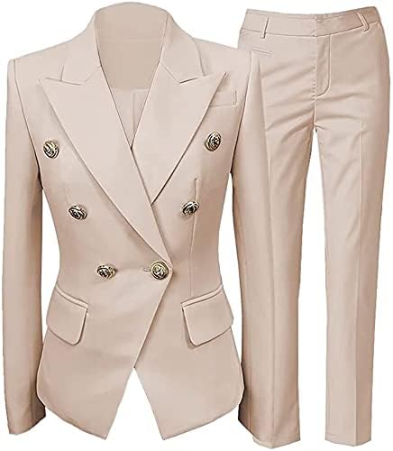 Women's 2 Piece Office Lady Business Suit Set Double-Breasted Office Workwear Slim Suit Slim Fit Blazer Pant,Beige Suit for Women