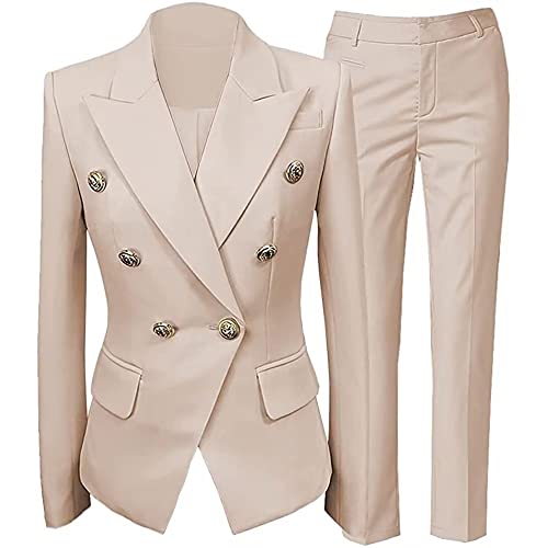 Women's 2 Piece Office Lady Business Suit Set Double-Breasted Office Workwear Slim Suit Slim Fit Blazer Pant,Beige Suit For Women #TOP11
