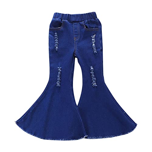 Toddler Girls Ripped Flared Jeans Kids Casual Elastic Waist Frayed Hem Pants Bell Bottom Pants (Blue, 18-24 Months)