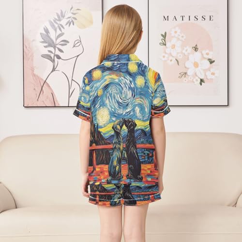 ALAZA Black Dog Love Galaxy Nebula Van Gogh Satin Pajamas Set Short Sleeve Button Down Sleepwear Summer Pjs 2 Piece4