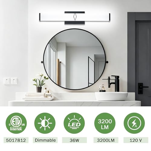 Image of 32 Inch Bathroom Vanity Light 3200LM, 5700K Daylight White Modern Bathroom Light Dimmable, AC 120V 36W Matte Black LED Vanity Lighting Fixtures Wall Sconce ETL Certified, 2Pack