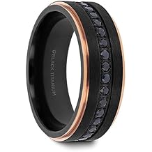 Black Titanium With Diamond - Mens Womens - Comfort Fit Wedding Band Ring - Rose Gold Step-down Edges - Genuine Black Diamond Center - 8mm Wide - Style name ASTRO