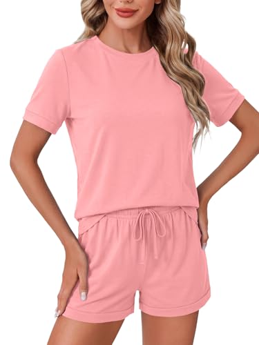 Image of LYANER Pajama Set for Women 2 Piece Lounge Set Striped Crew neck Short Sleeve Tops and Shorts Soft Sleepwear