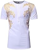 LucMatton Men's African Short Sleeve Dashiki Luxury Metallic Gold Printed T-Shirt White XX-Large