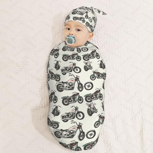 Image of Painting Motorcycles Newborn Swaddle Blankets Hat Sets Soft Baby Receiving Blanket Swaddle Sack for Baby Shower Infant Boy Girl Gift