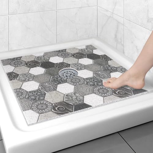 Image of Square Shower Mat Non Slip: 27x27 Inch Extra Large Shower Floor Mat with Drain Hole in Middle - Soft PVC Loofah Bath Mat for Shower - Anti Slip Shower Stall Mat for Elderly and Kids