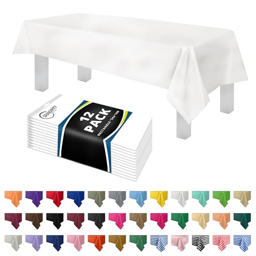Grandipity 12 Pack Premium Disposable Plastic Tablecloth 54 Inch. x 108 Inch. with 0.3mm Thickness Table Cover - White