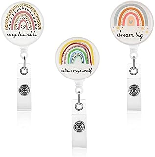 SUSSURRO Retractable Lanyard Clip,3 Pack Rotatable Rainbow Printing Reel Clip and Clear Waterproof Id Badge Holder Belt Clip Attachment for Office Teachers Nurse Student Id Card Key Ring