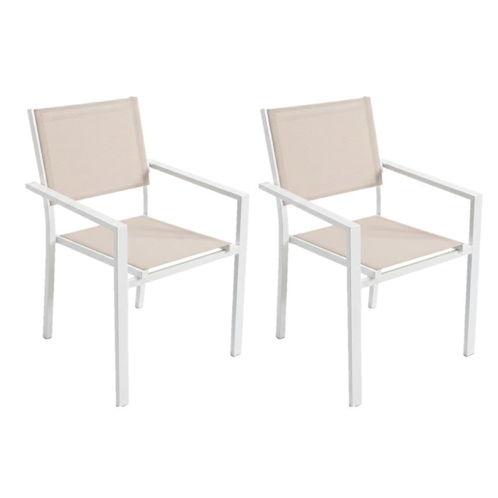 LOLAhome Set de 2 Sillas Thais de Aluminio Blanco y Textileno Beige, Elegantes, Apilables, Ligeras y Resistentes, Tratamiento anticorrosión para Exteriores, de 56x56x86 cm