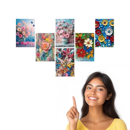 Image of SiddArtify Floral Impasto Painting Set - Pink Blue and Red Flower - Set of 2-4x6 Inch - Board (Pack of 6) - Sticker (Pack of 6) Wall Room Decoration art Poster Prints