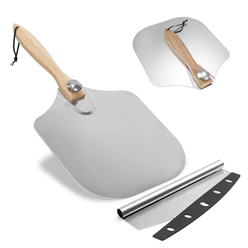 SKH Premium Aluminum Pizza Peel with Foldable Wooden Handle & Rocker Cutter -Large 23