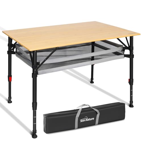 39.4'' Large Bamboo Camping Table, Aluminum Adjustable Height Folding Table by Join Nature - Used condition - US$105.59