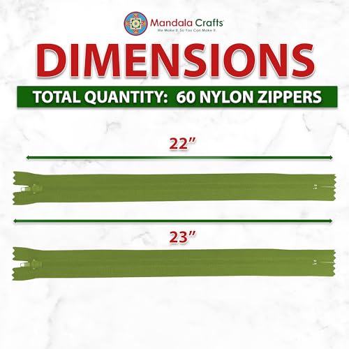 Image of Mandala Crafts 60 PCs Olive Green Closed-End 22 in Nylon Zippers for Sewing