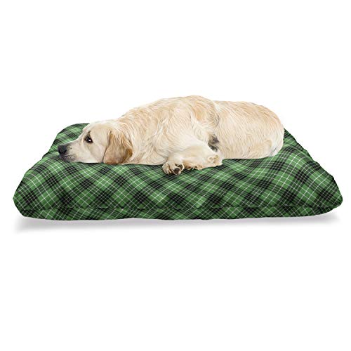 Ambesonne Plaid Pet Bed, Diagonal Tartan Vibrant Green Color Geometrical Design Stripes Checks, Chew Resistant Pad for Dogs and Cats Cushion with Removable Cover, 24' x 39', White Black