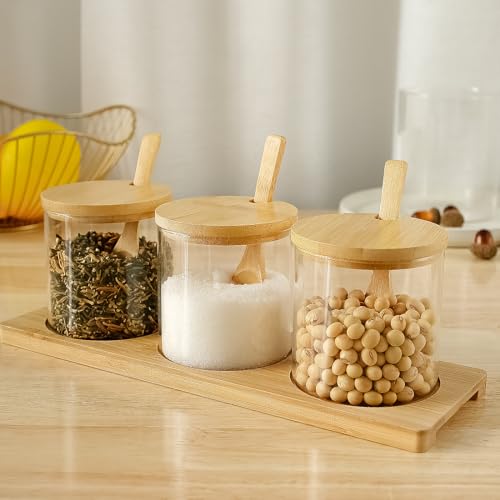 3Pcs Condiment Jars Set Clear Glass Condiment Pot Set with Lids Spoons and Bamboo Tray Dust-Proof Seasoning Spice Container Multipurpose Condiment Container for Salt Sugar Pepper