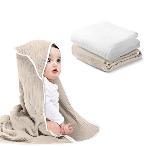 Image of Arnzion Baby Hooded Towels for Babies and Toddlers, Muslin Baby Bath Towel Soft and Absorbency for Boys and Girls (Brown and White 2 Pack)