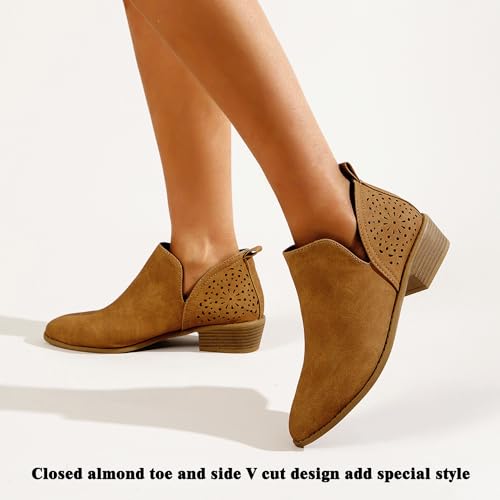JITUUE Ankle Boots for women Casual Cut Out Slip On Low Heel Short Chunky Stacked Heel Perforated Side V Cut Western Booties Cutout Shoes4
