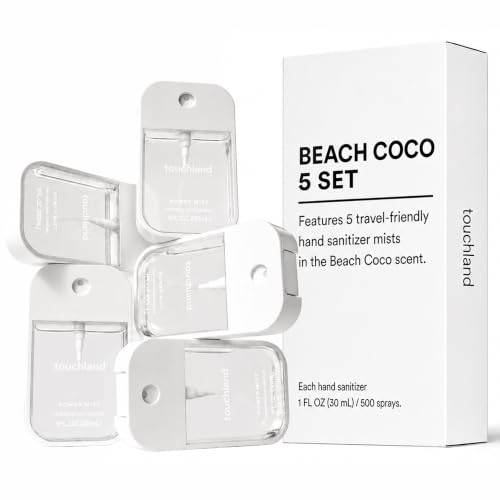 Image of Touchland Beach Coco Hydrating Hand Sanitizer Spray, 5 Pack Travel Size | TSA ready Power Mist with skincare benefits. Tropical and fresh scent, transporting you to sun-drenched shores.