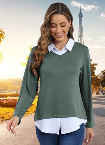 MISS FORTUNE Women's V-Neck Fall Winter Sweater Collar 2 in 1 Casual Long Sleeve Patchwork Office Pullover Shirts 2025