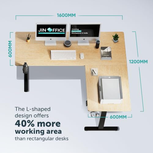 Image of JIN OFFICE Atlas L-Shaped Electric Height Adjustable Desk |Reversible Design L-Shape Adjustable Table | 3 Year Warranty,100 KG Wt. Cap, Memory Presets, Cup Holder|Home Office Sit Stand Desk Maple