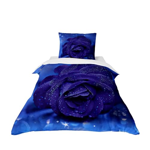 Odot Juego Ropa de Cama Infantil, Patrón de Rosas Ropa de Cama Individual con 1 Funda de Edredón con Cremallera + 1 Funda de Almohada para Infantil Niño Niñas (90x190cm,Azul Oscuro)