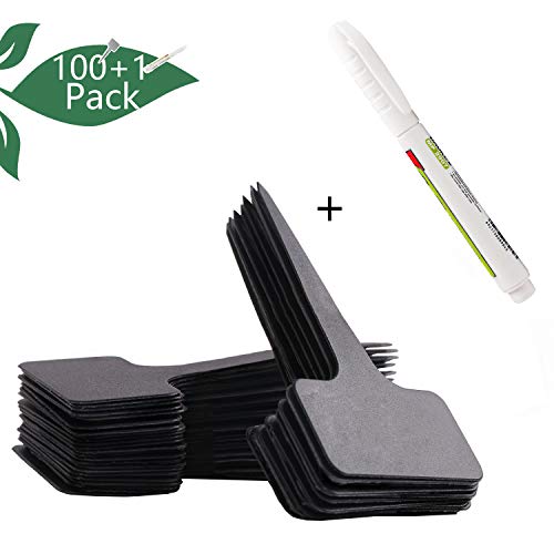 Vetoo 100 Pcs Upgraded Plant Labels & Markers, Plastic Thick Waterproof Durable Black T-Type Garden Tags 6 x10x0.1 cm with White Waterproof Pen