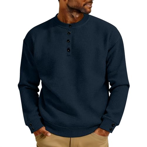 AACH Sweatshirt Herren Sport Langarmshirt Knöpfen Waffel Shirts Rundhals Langärmelige Sportshirt Einfarbig Basic Pullover Casual Atmungsaktive Sportshirt Regular Fit Leicht Arbeitspullover