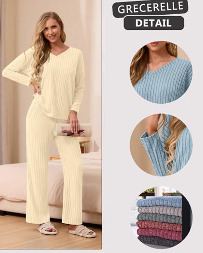 Pyjama 2 pièces femme en maille côtelée extensible ensemble homewear beige taille S - 4
