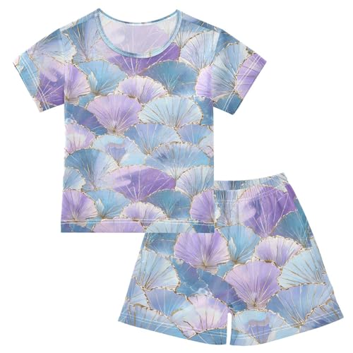 Seashell Pattern Pajama Set, Short Sleeve Cotton Sleepwear Nightwear