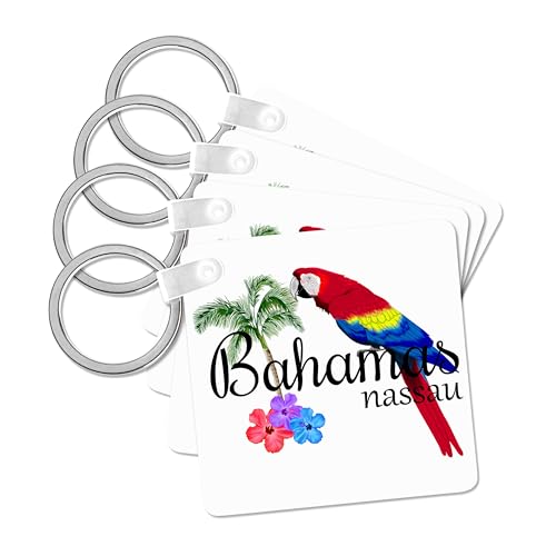 3dRose, Bahamas Nassau Caribbean souvenir with tropical parrot and flowers., set of 2 Key Chains