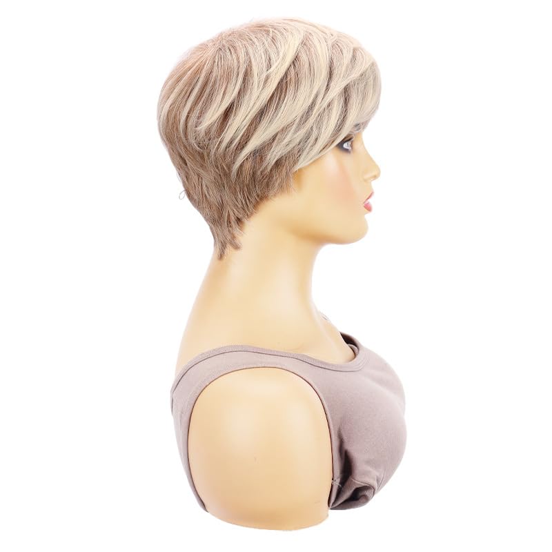 Blonde Short Straight Pixie Cut Wigs Pixie Cut Human Hair for Women Real Hair Wig Glueless and Lightweight for an Natural Look (Blonde Mixed,6 Inch)
