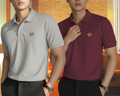 Image of MACK JONNEY Men's Solid Polo T-Shirt | Premium Cotton Blend | Regular Fit | Short Sleeve | Collared Casual Wear|Pack of 2 -MJ-157